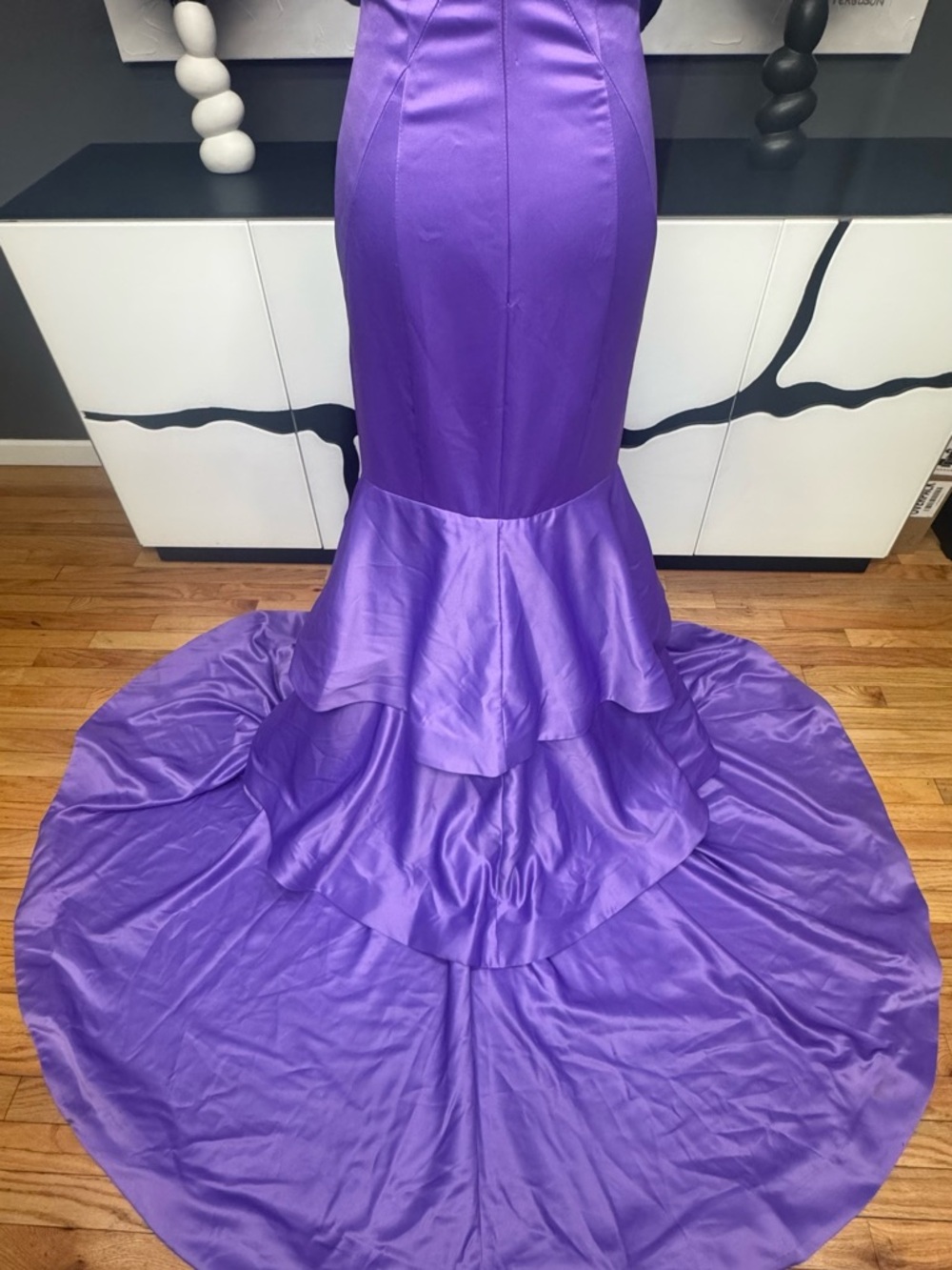 Rachel Allan Purple Satin Mermaid Gown Size 2 Pearl Strap Train Prom Dress - Picture 7 of 9